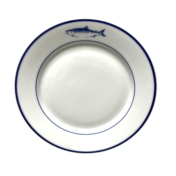 (1) 10 Strawberry Street 7.5" Dessert Plate Fish/Salmon Pattern White Navy Blue - Picture 1 of 6